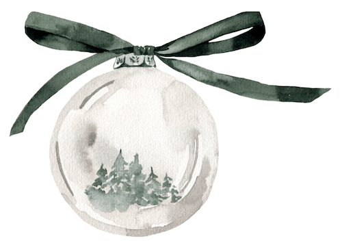 watercolor of a christmas ornament with pine trees in it